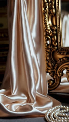 ornate gold mirror with beige silk drapery