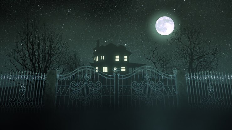 Mystical horror background with the house and moon 3