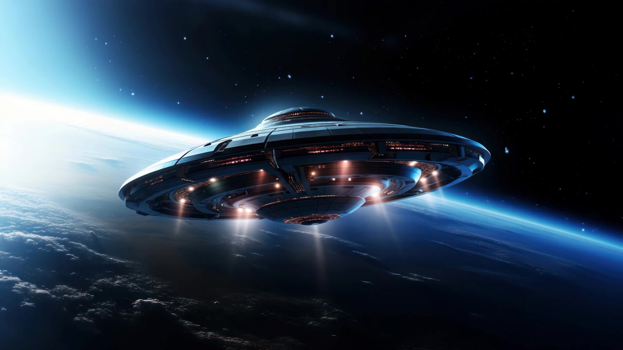 UFO in volo sopra la Terra nello spazio esterno