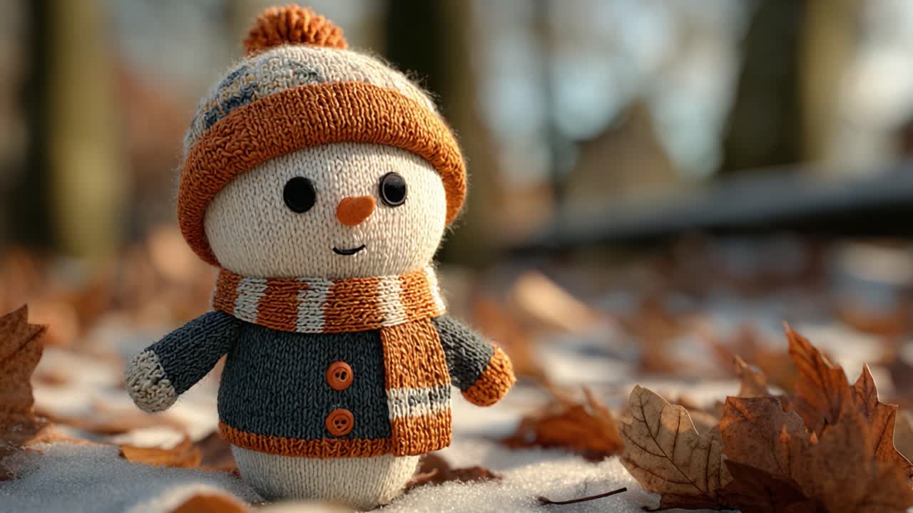 A Charming Handcrafted Snowman Figurine in a Beautiful Autumn Landscape Surrounded by Fallen Leaves, Perfect for Evoking the Cozy Essence of Seasonal Decor