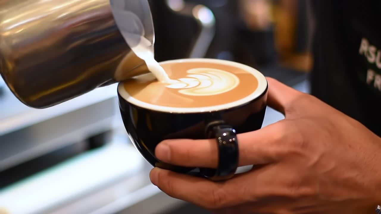 Crafting the Perfect Latte Art: A Barista's Skillful Hand Pours Creamy Milk into a Beautifully Crafted Cup of Coffee