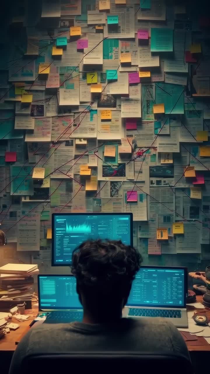 Vista por cima do ombro de uma pessoa analisando dados em telas, cercada por anotações, em um vídeo.