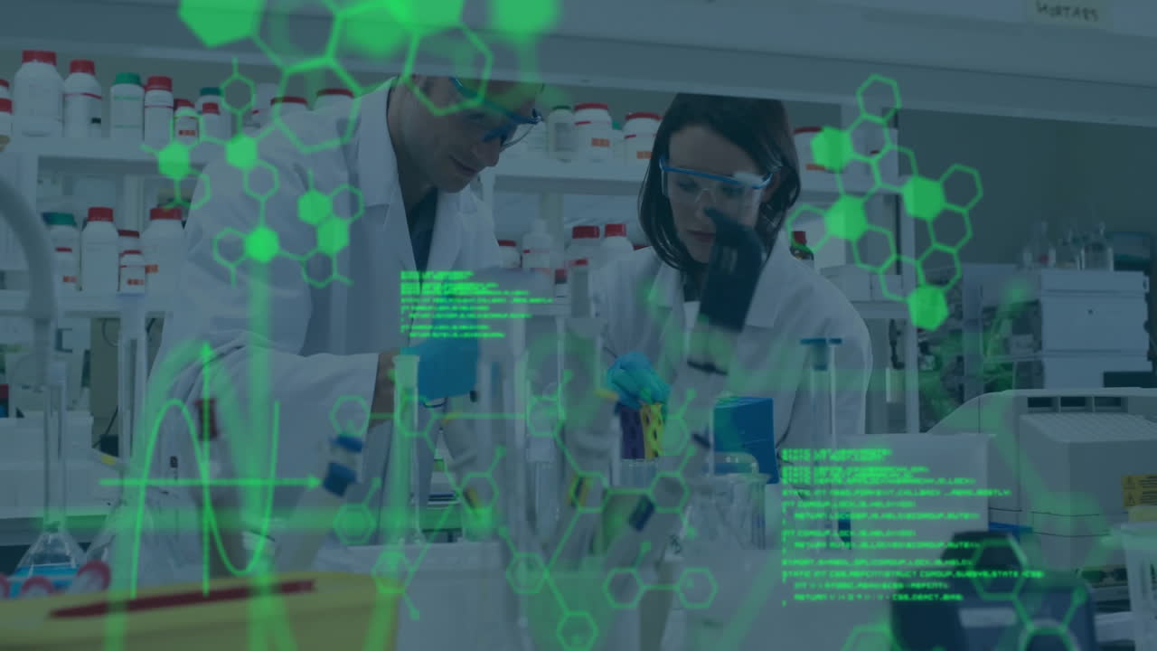 Scientists conducting biology experiment in lab, displaying animated hexagonal molecular graphics