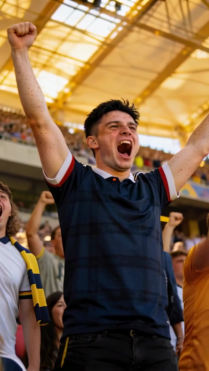 Video vertical: Hombre animando con polo azul marino levantando los brazos tras un gol del equipo en un estadio con la bandera del Reino Unido