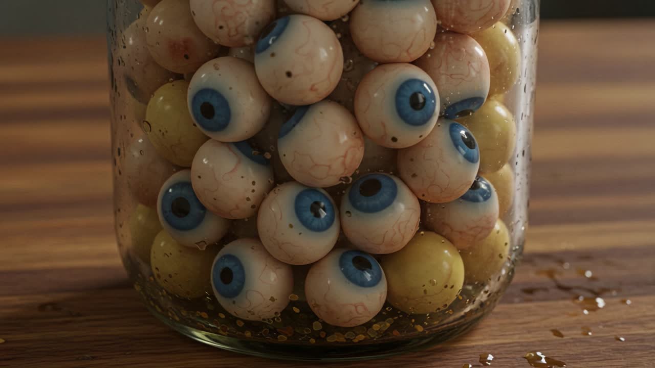 A Surreal Collection: An Intriguing Glass Jar Filled with Realistic Eyeballs and Colorful Orbs, Captivating Attention with a Unique and Eerie Aesthetic
