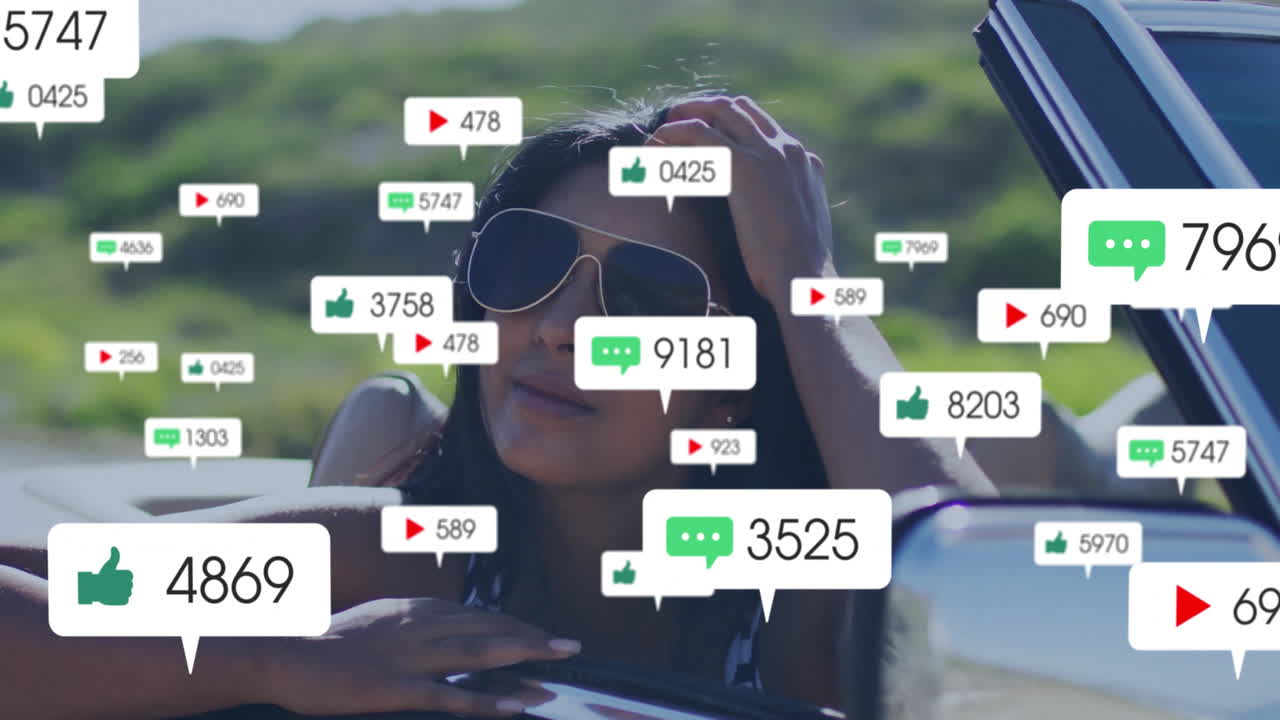 Wearing sunglasses, woman surrounded by animation of social media engagement icons
