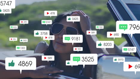 wearing sunglasses, woman surrounded by animation of social media engagement icons