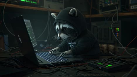 a raccoon, sporting a cozy hoodie, is focused intently on a laptop in a dimly lit tech workspace late into the night