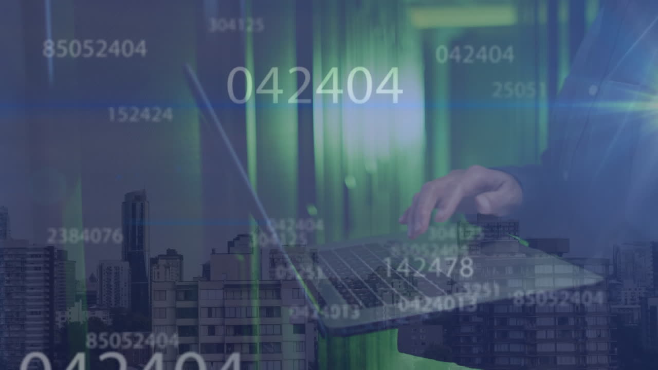 Animation of data processing over man using laptop by computer servers