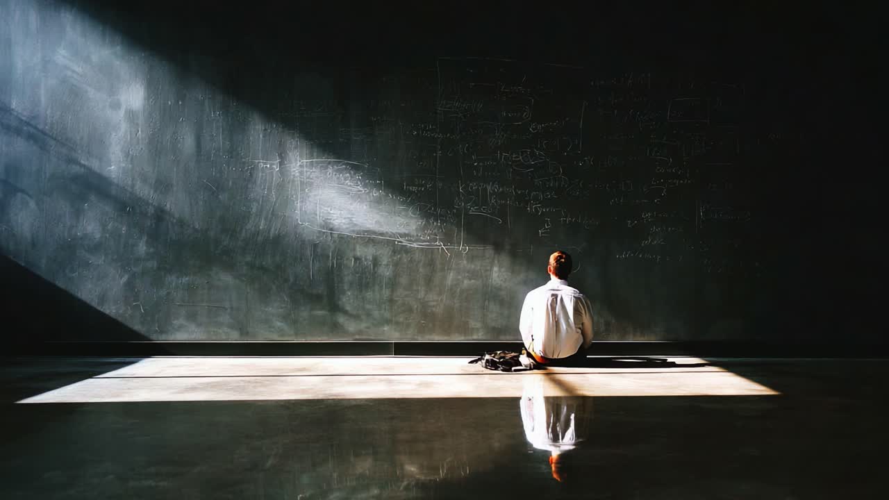A solitary figure sits in contemplation before a chalkboard, illuminated by a beam of light, representing moments of reflection and the pursuit of knowledge in an academic setting