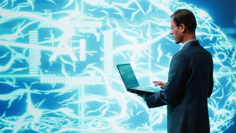 system administrator working on laptop, programming artificial intelligence