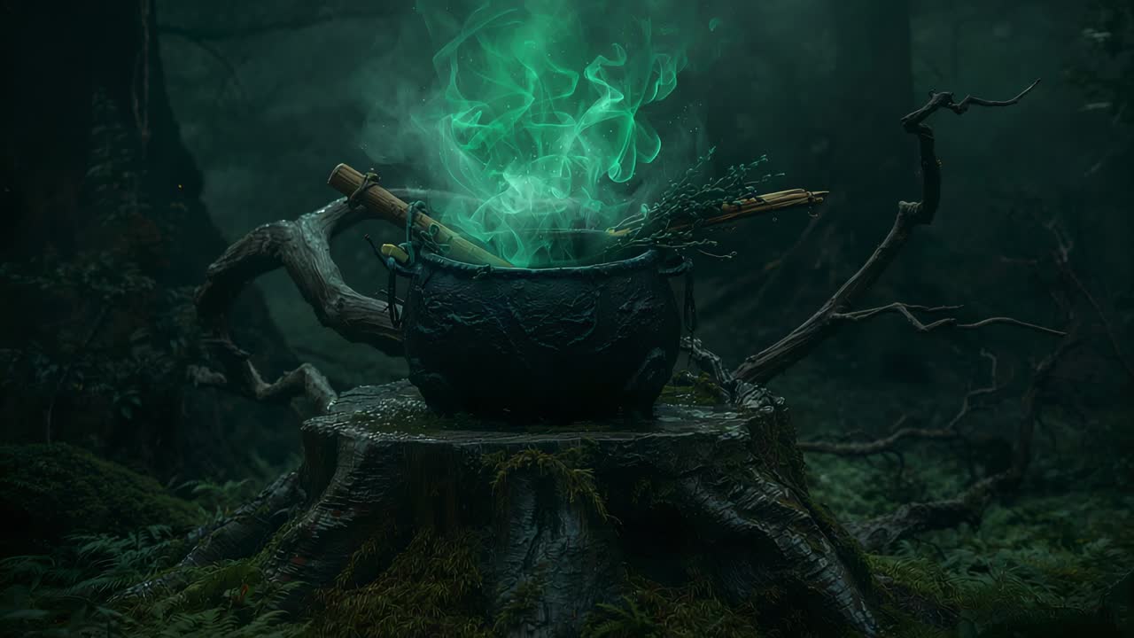 Ein verzierter Kessel, der leuchtend grünen Dampf an einem moosbedeckten Waldstumpf freisetzt, mit Kräutern und Stab