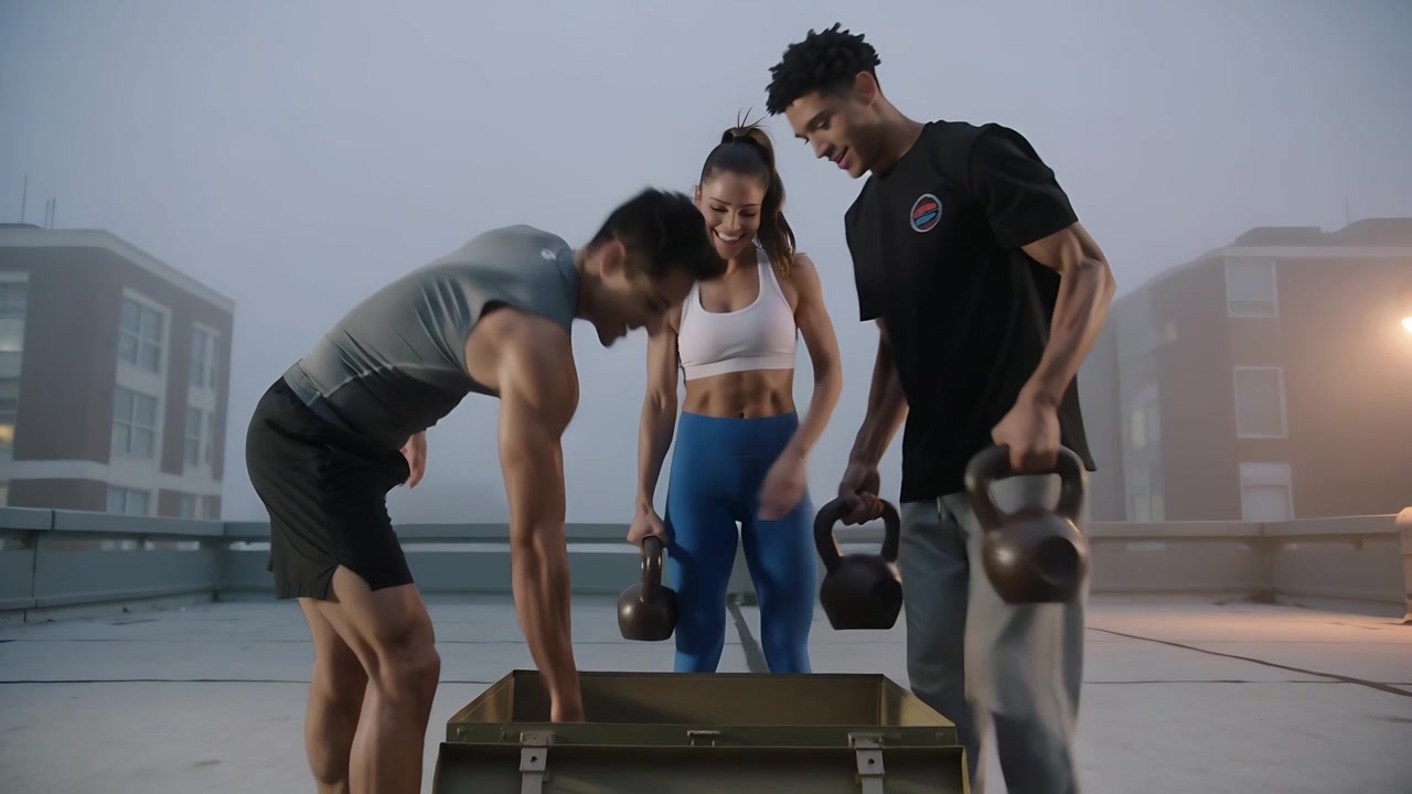 Caminhando até um baú de metal, 3 parceiros em roupas de ginástica com kettlebells abrem a tampa, guardando pesos no telhado.