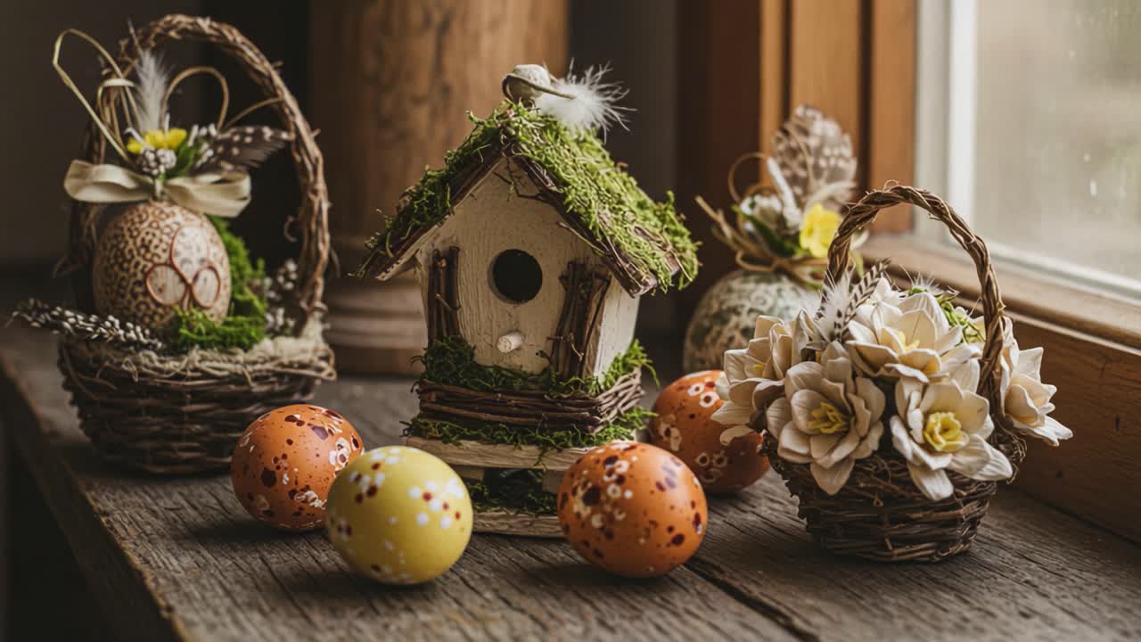 Charming Spring Decor Featuring Handmade Birdhouse, Decorative Eggs, and Floral Arrangements Captured in a Cozy, Sunlit Window Setting