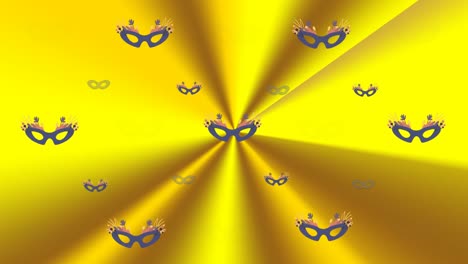 Animation-of-blue-masquerade-masks-over-yellow-glowing-light-beams