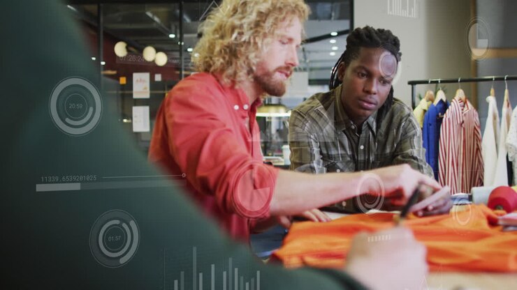 Animation of graphs, loading circles and bars over diverse designers discussing about clothes design