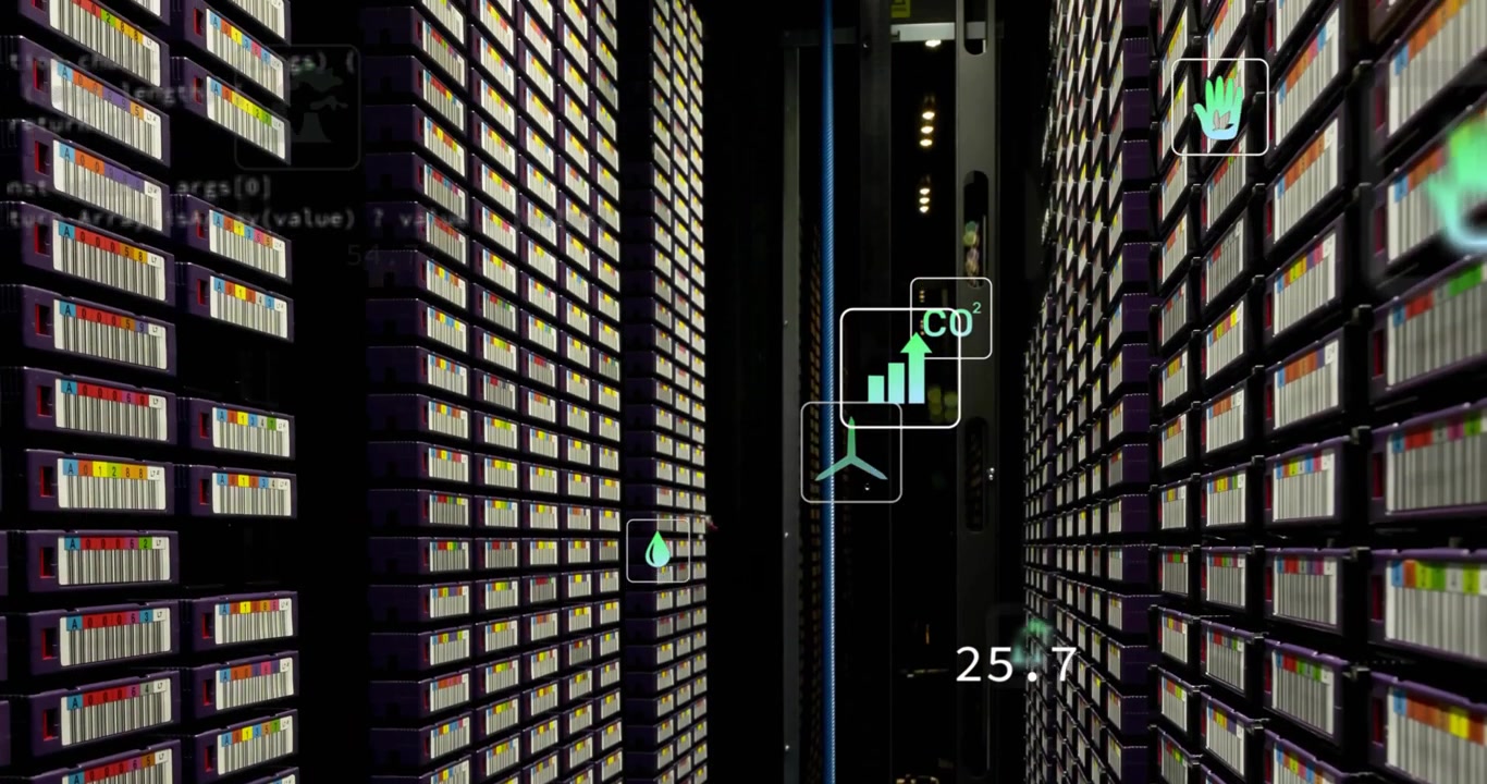 Animation of ecology icons and data processing over server room