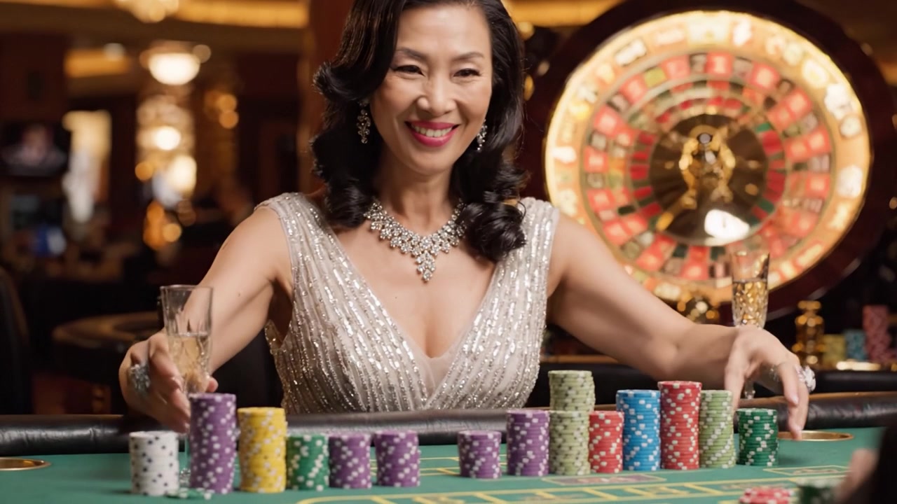 Un'elegante giocatrice in un casinò: una splendida donna conta le fiches al tavolo della roulette in un'atmosfera di gioco vibrante.