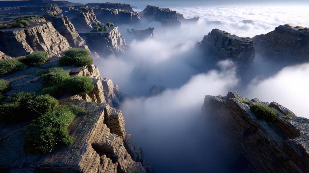 Majestetisk landskap med steinete klipper og rolig tåke over en canyon ved soloppgang, som fanger naturens skjønnhet og den eteriske atmosfæren i det omkringliggende landskapet