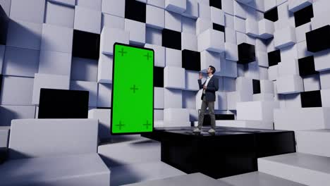 presentador de televisión en el estudio virtual de noticias con cubos blancos y negros.