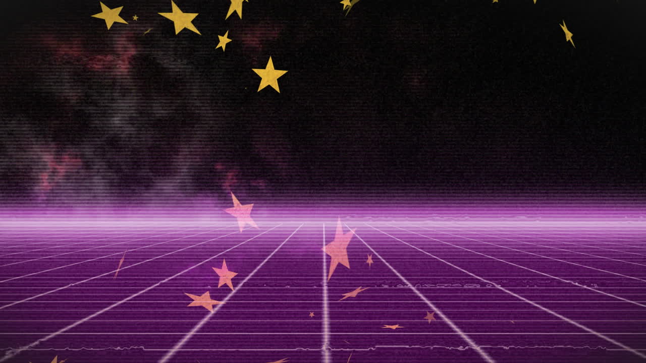 Purple neon grid plane streaming toward glowing horizon in flat design, with drifting yellow stars