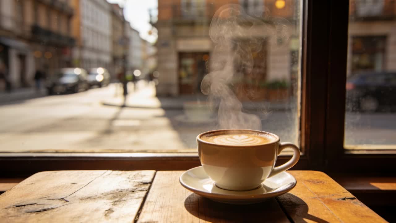Vapore che sale da una tazza di ceramica dopo essere stato versato su un tavolo alla finestra di un caffè, con latte art in schiuma.