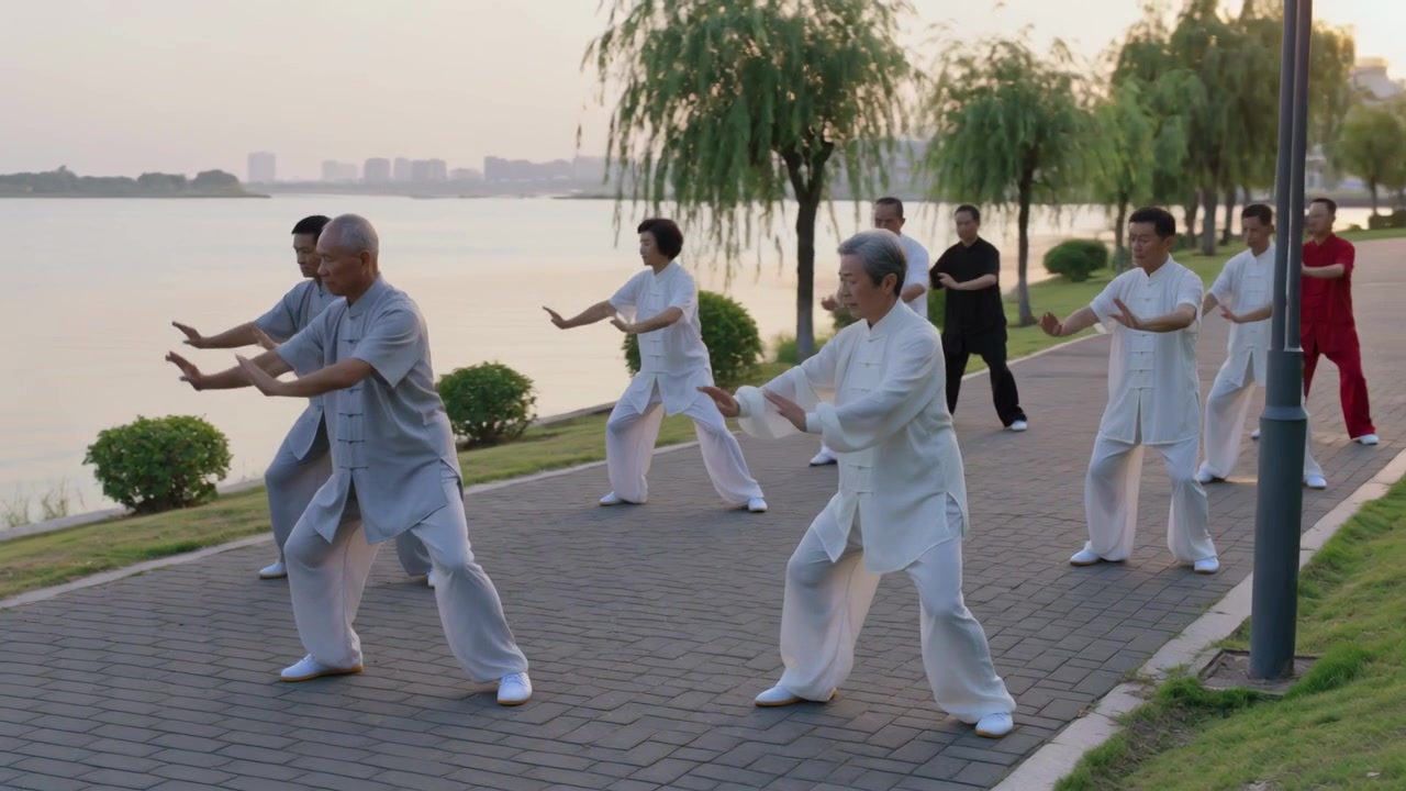 Kelompok berlatih Tai Chi bergerak perlahan di tepi danau saat matahari terbit untuk kebugaran, mengenakan seragam