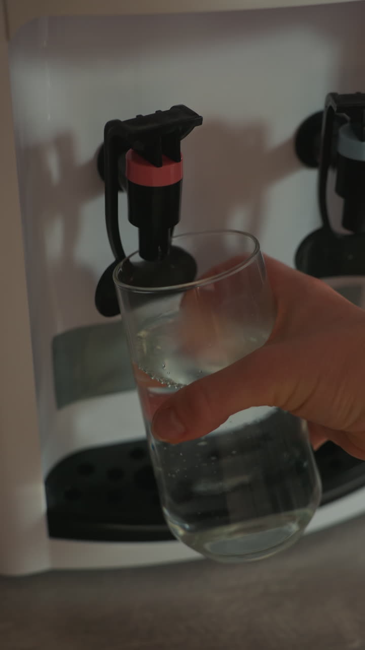 Infermiera che tiene un bicchiere al dispenser, in pausa tra le sessioni di massaggio a microcorrente in una tranquilla sala clinica. Primo piano di una mano che versa acqua in un bicchiere con condensa, uniforme del terapista e ambiente di trattamento.