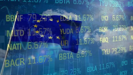 Animación-Del-Procesamiento-De-Datos-Del-Mercado-De-Valores-Y-Del-Globo-Sobre-La-Bandera-De-La-UE-Ondeando-Contra-Las-Nubes-En-El-Cielo-Azul.