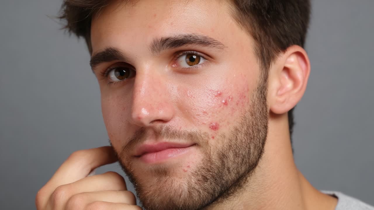 A Young Man with Acne-Prone Skin, Displaying Close-Up Features and Facial Expressions, Reflecting the Challenges of Teen Skincare and Self-Perception