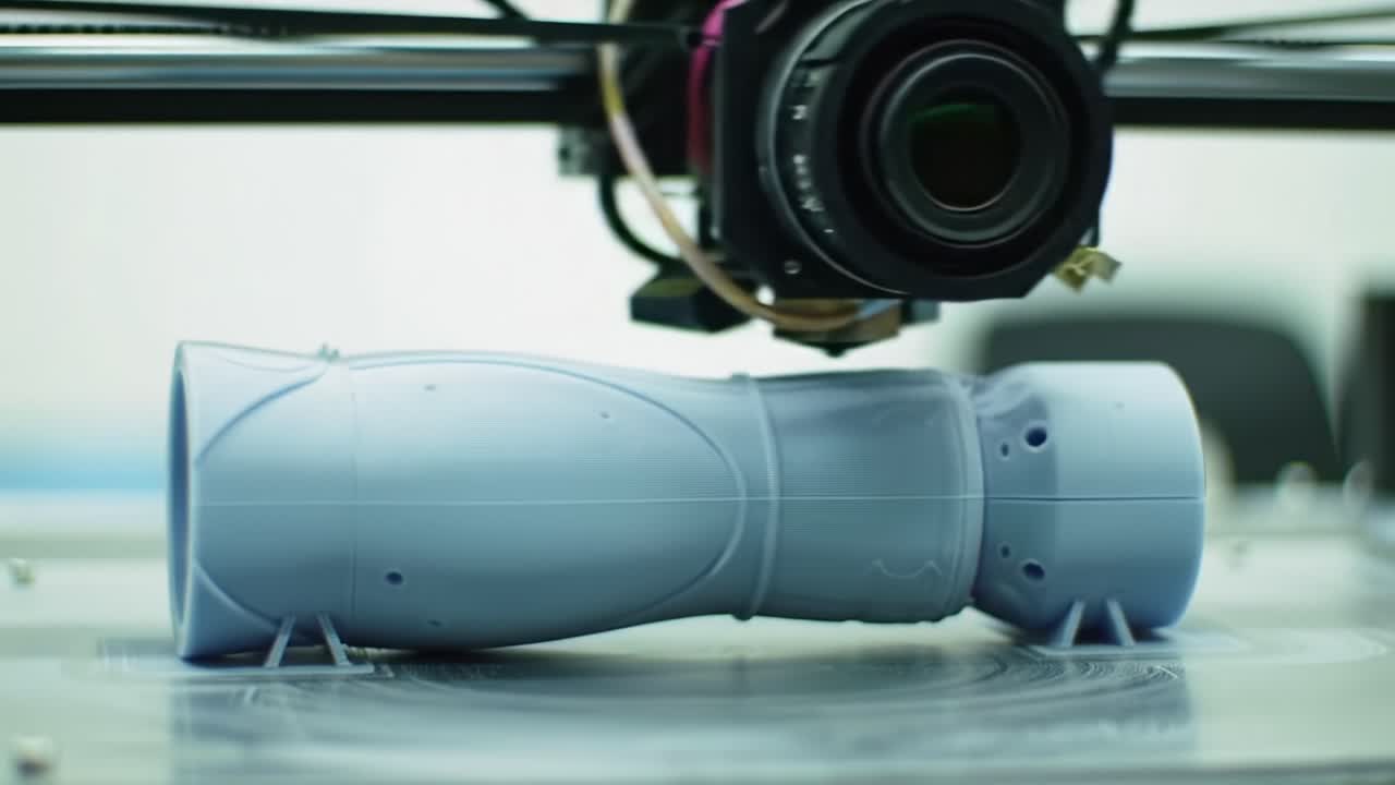 Capturing the 3D Printing Process: A Close-Up of a Blue Plastic Object in Production Under a Camera's Watchful Eye