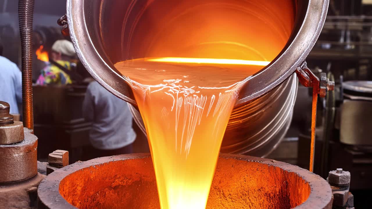 The process of molten metal being poured from one container into another in a factory setting