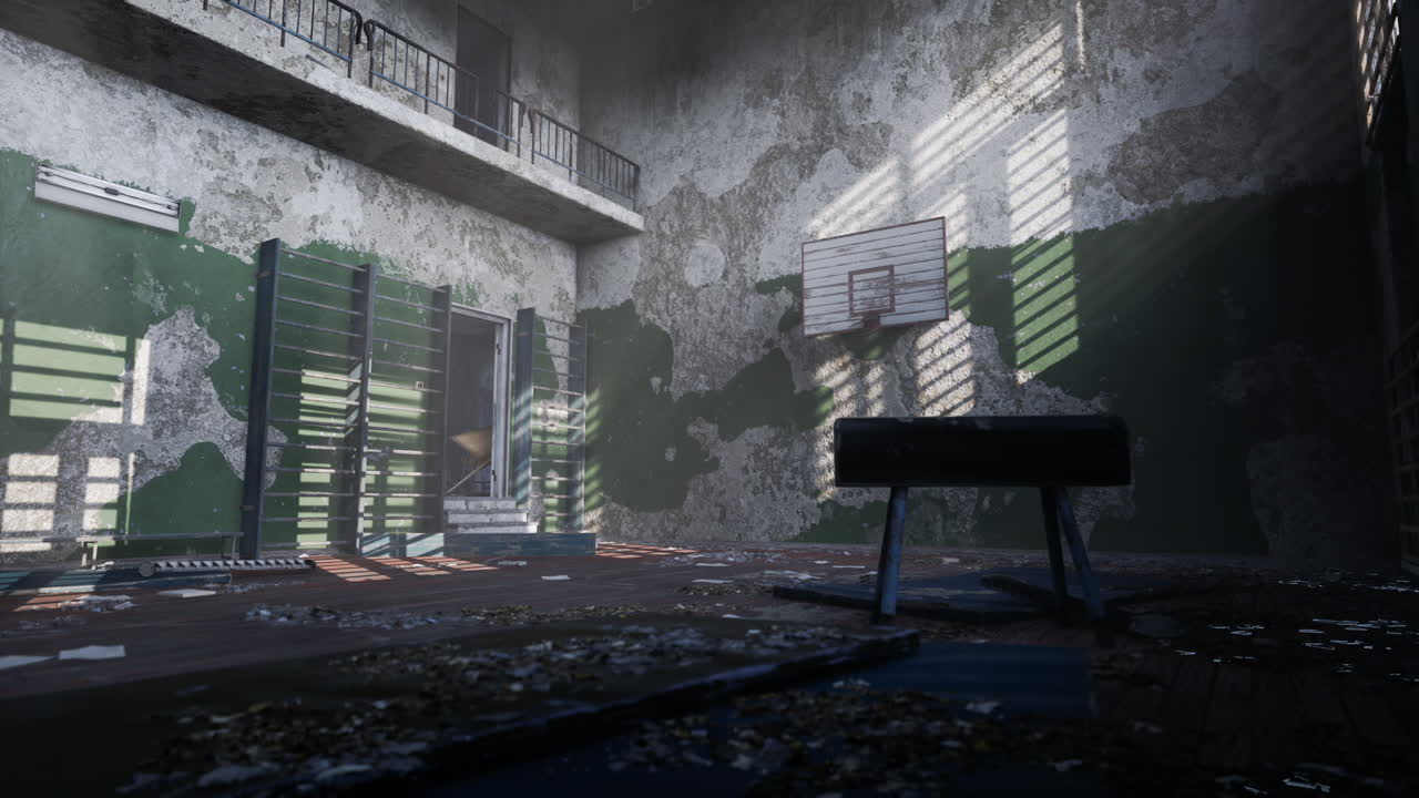 Abandoned gymnasium showcasing decay and neglect in a derelict environment