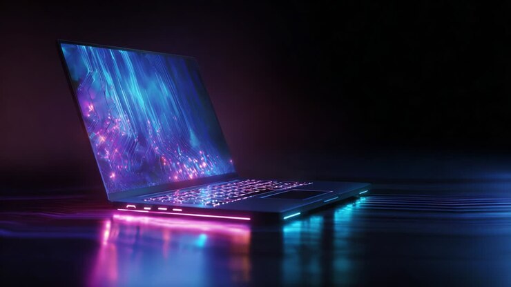 Una straordinaria rappresentazione del design futuristico di un laptop con effetti di luce vivaci e modelli astratti che creano un'estetica tecnologica che suggerisce un'informatica ad alte prestazioni in un ambiente buio