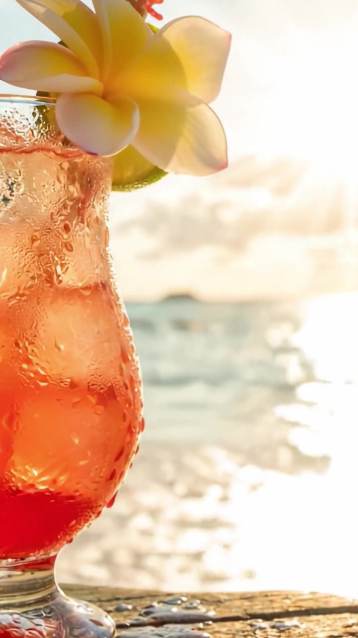 Un Vivace Cocktail Tropicale in Riva al Mare al Tramonto, Che Mostra una Bevanda Rinfrescante Adornata con un Fiore Dorato e una Fetta di Lime su uno Sfondo Marino Sfocato