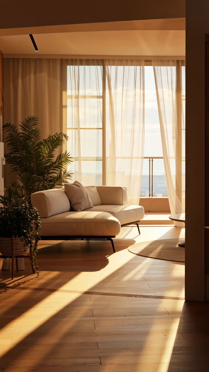 Sunny Modern Living Room with Large Window and Plants