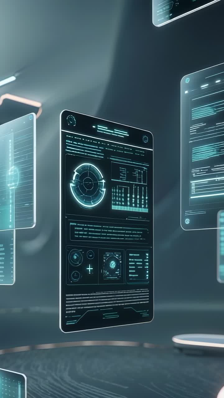 Vertical video: Emerging holographic panel rotating in futuristic lab, revealing analytics charts