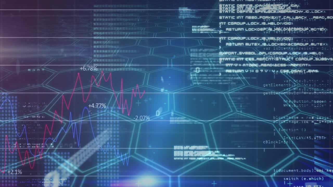 Animation of red lines and financial data processing over hexagons
