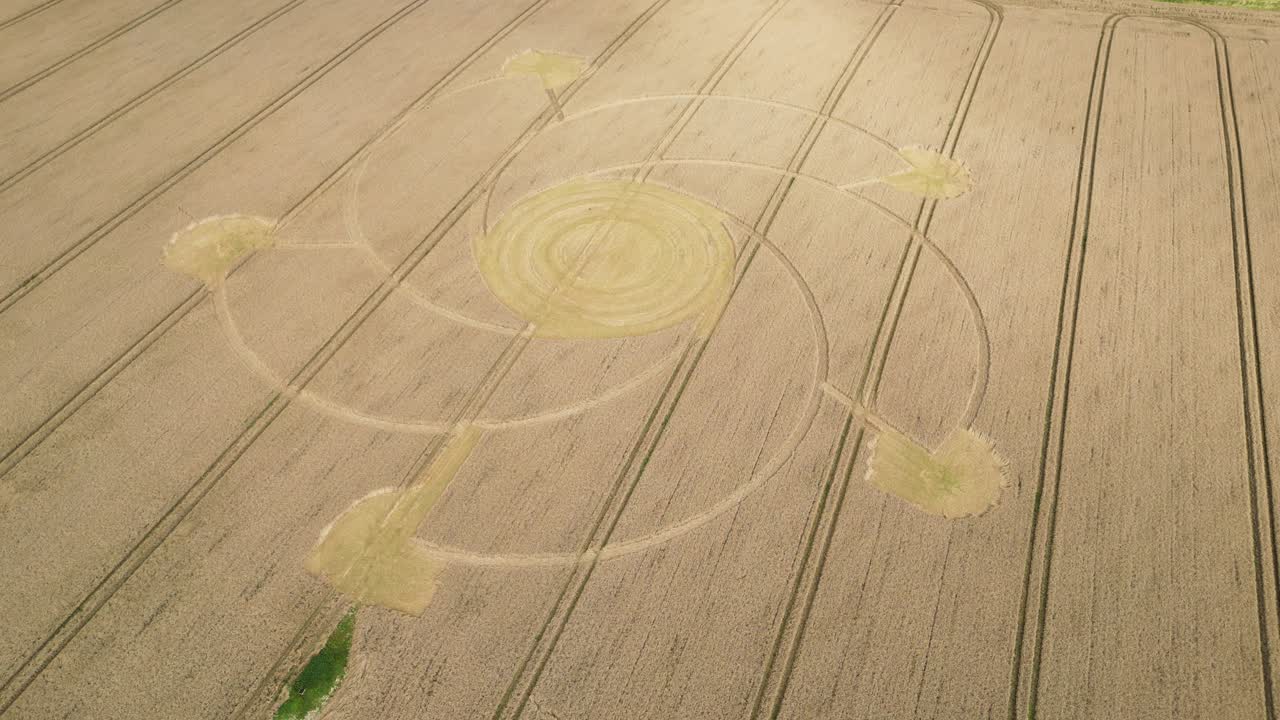 bratton círculo de cultivo en espiral vista aérea volando sobre el patrón de campo de trigo de golden wiltshire