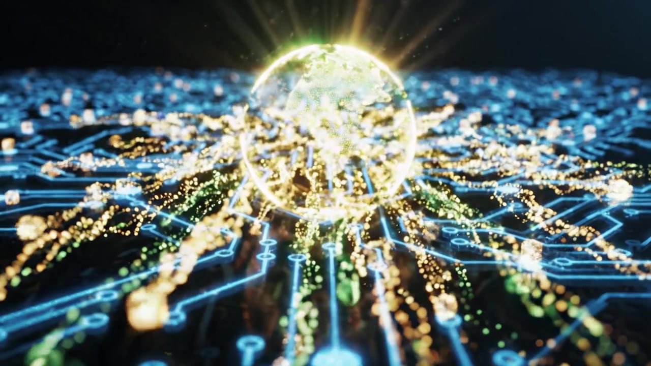En fantastisk visualisering av ett futuristiskt kretskort som kopplar samman teknik och data genom neonljusrepresentationer av en digital värld