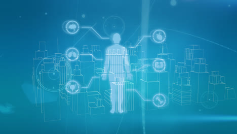 animation of network of connections with body silhouette over on blue background