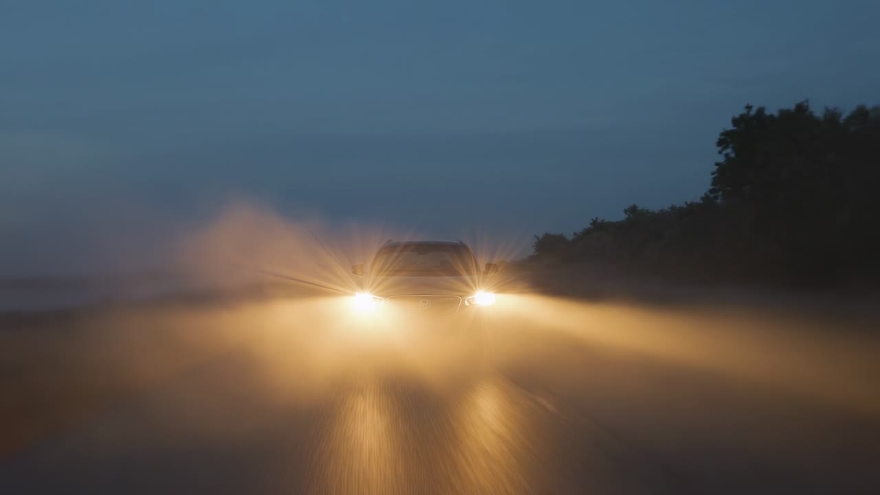 Carro se aproximando na direção contrária, atravessando o nevoeiro ralo em uma estrada molhada, faróis refletindo