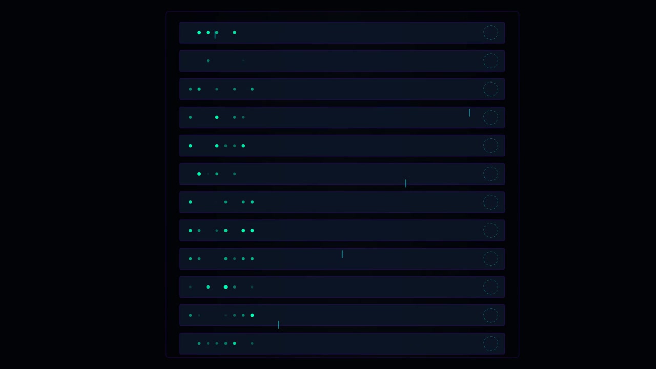 Digital Server Rack Interface with Pulsing Data Indicators