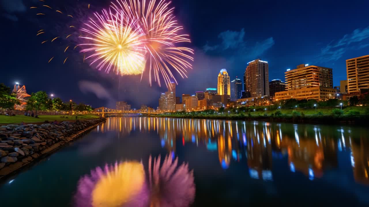 A Captivating Night Skyline Illuminated by Vibrant Fireworks: A Stunning Spectacle of Colorful Explosions and Reflections over the Serene Waters, Celebrating Life and Community in a Dazzling Urban Environment