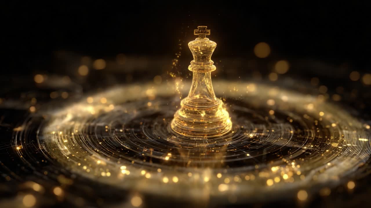 Glowing golden chess king piece standing in the middle of a futuristic swirling vortex of light, representing concepts like strategy, leadership, power, victory, and business success