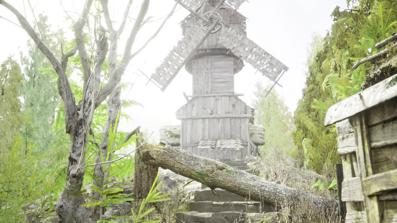 Wooden windmill surrounded by greenery on a foggy day in a rural setting