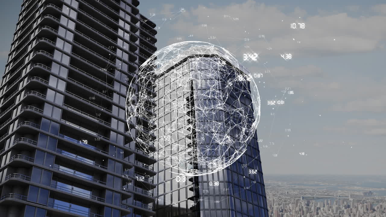 Digital globe and data points animation over modern skyscrapers in cityscape