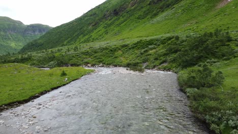 antenne, die dem fluss myrkdalen folgt, der vom berg vikafjell in ein üppiges grünes tal gesät ist - norwegen sommerluft