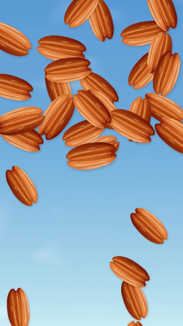 Pecan nuts fall and tumble through a bright blue sky in this vertical 3D animation.
