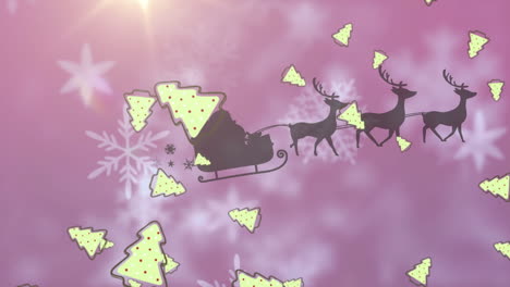 animación de santa claus en trineo con renos moviéndose sobre la nieve que cae